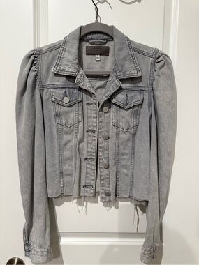 Blank NYC Grey Puff Sleeve Cropped Denim Jacket